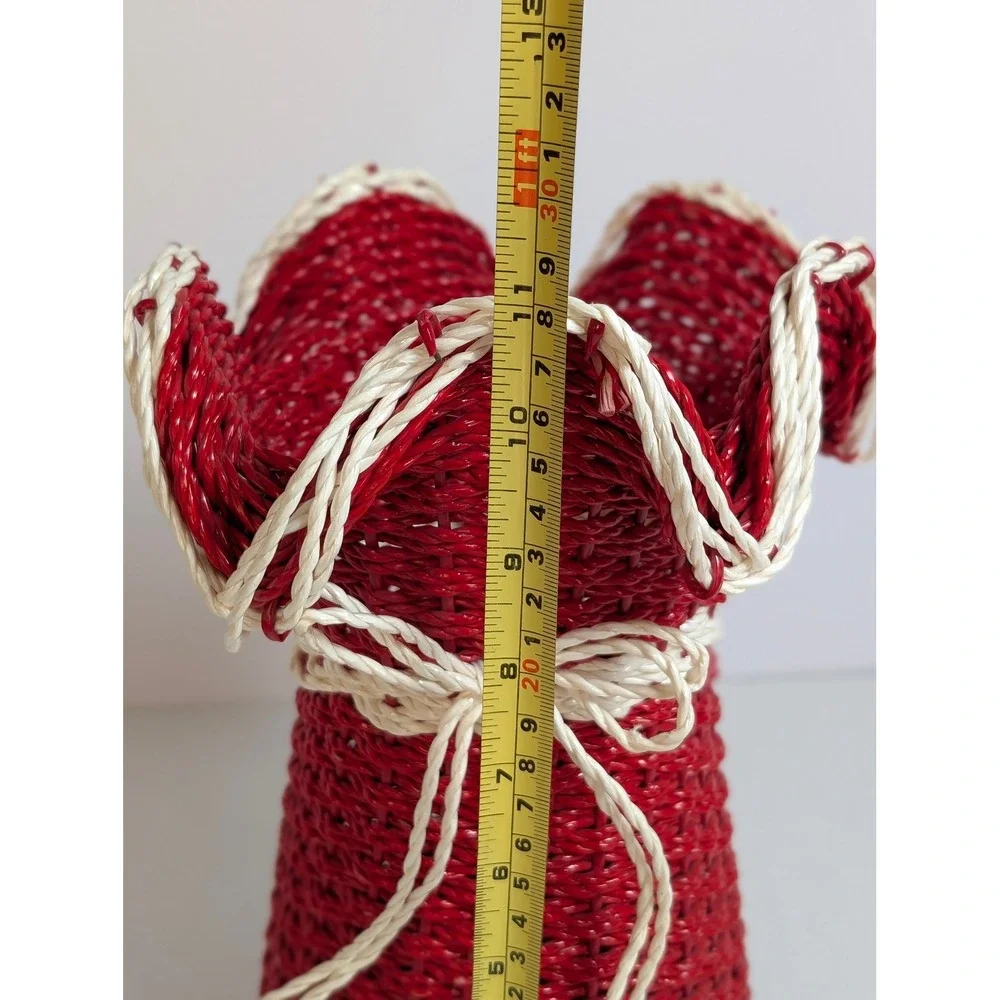Vintage Red Wicker Basket Flower Vase Holder White Ruffled Top Bow Made in Korea